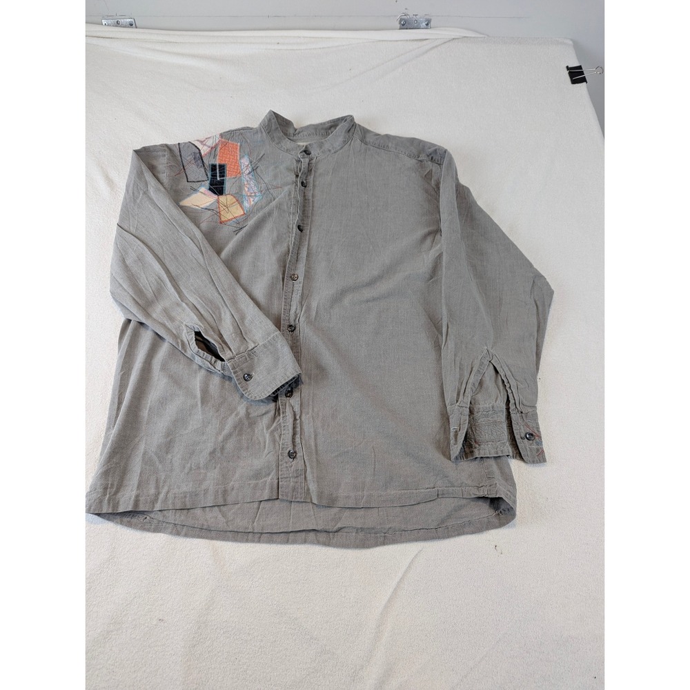 Donna Jessica Art to Wear Patchwork Embroidered Gray Mandarin Collar Shirt Women